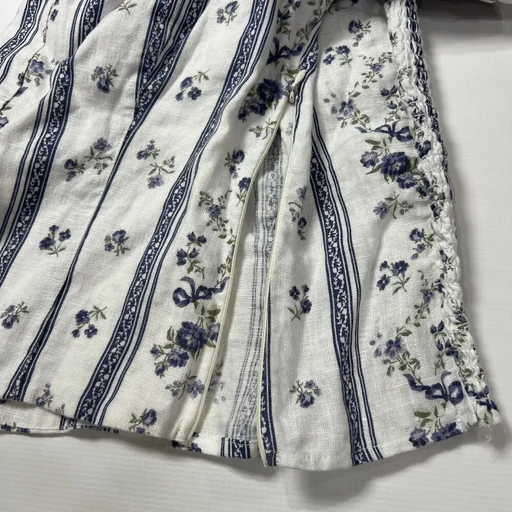 Reformation Linen Smocked Puff Sleeve Top SIZE 2 White Blue Floral